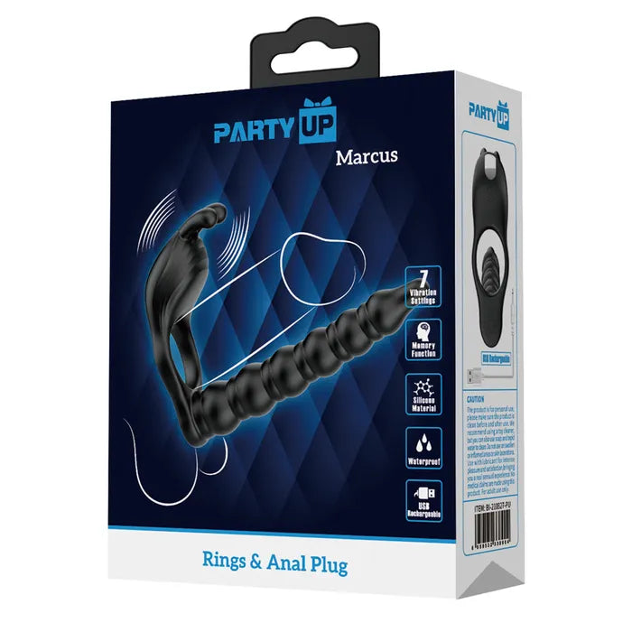 Party Up MARCUS Ring & Anal Plug USB Rechargeable Vibrating Cock Ring With Double Penetrator Black Party Up