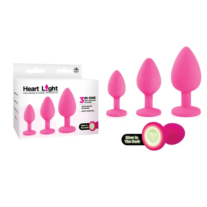 Excellent Power Heart Light Butt Plugs With Glow In Dark Bases Set Of 3 Sizes