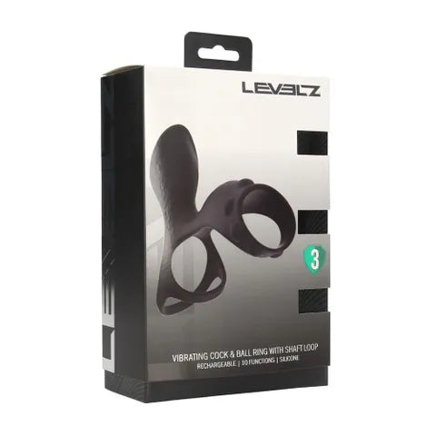 Shots Toys LEVELZ USB Rechargeable Vibrating Cock & Ball Ring With Shaft Loop Black