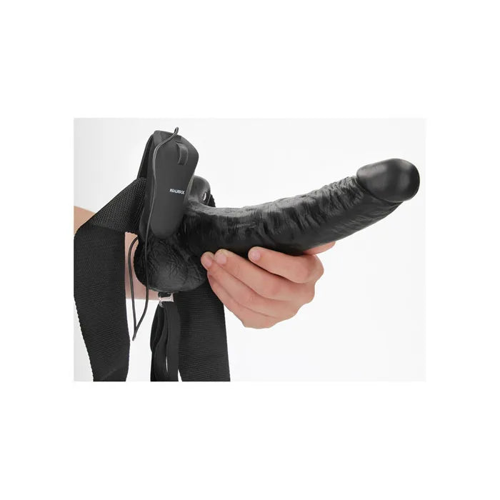 REALROCK Vibrating Hollow Strapon + Balls - 23cm Black - Black 23 cm Vibrating Hollow Strap-On Shots Toys