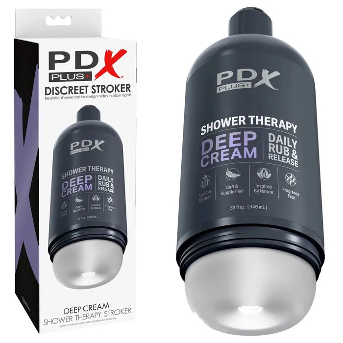 Pipedream PDX Plus Shower Therapy Deep Cream Frosted Discreet Stroker With Suction Base Clear Pipedream